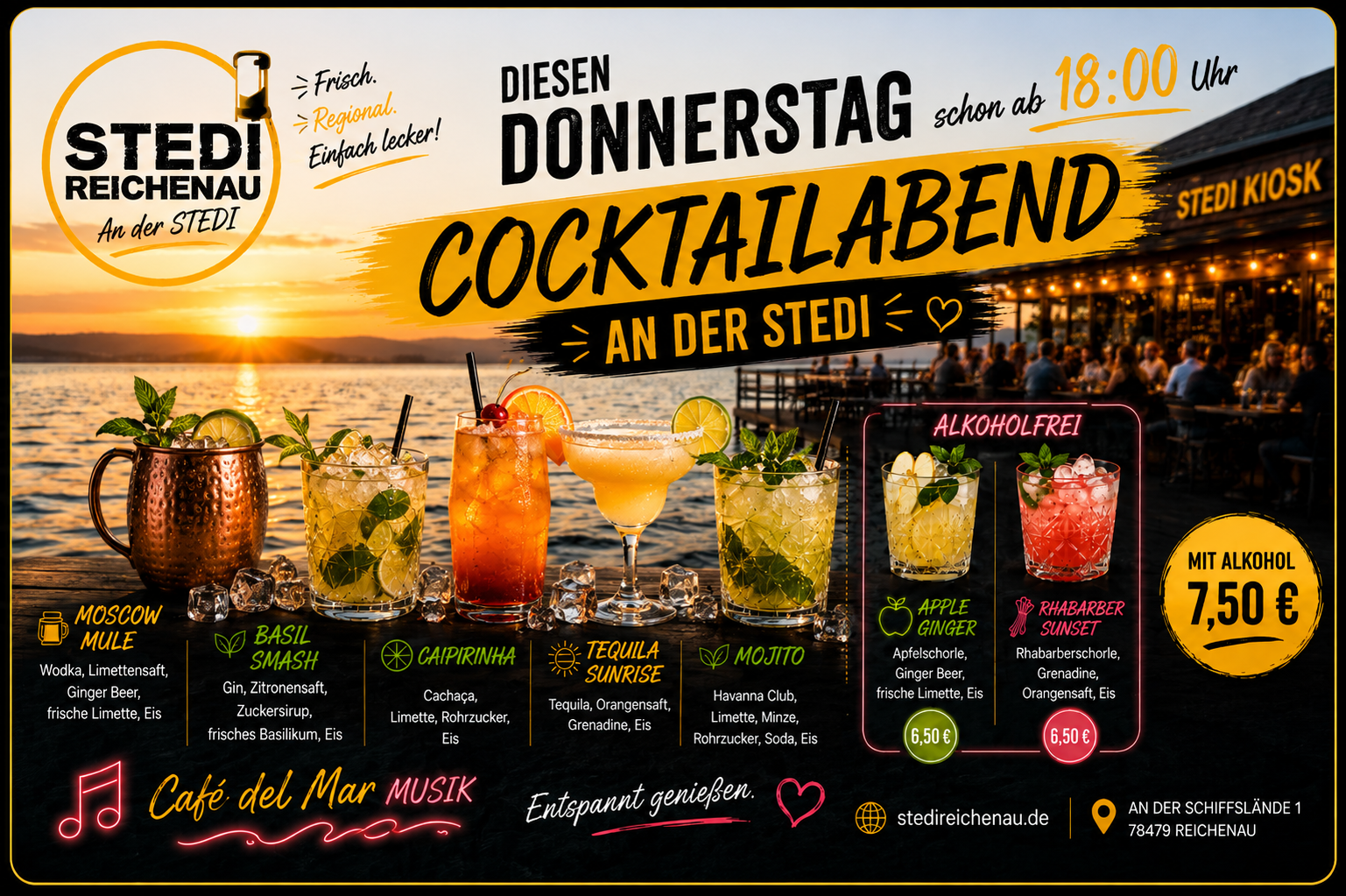 Cocktails an der STEDI · Café del Mar Musik · Cocktails mit Alkohol 7,50 Euro · alkoholfrei 6,50 Euro